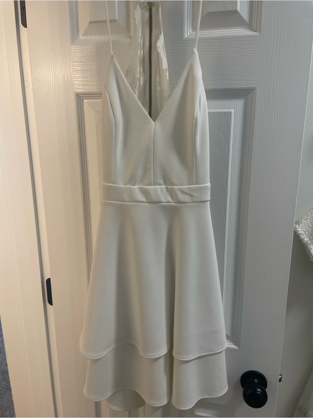 White Spaghetti-Strap Layered Mini Dress w Lace Back